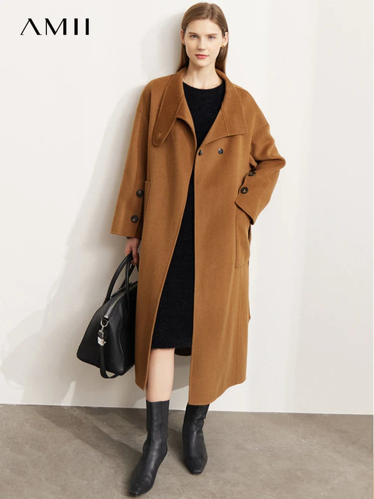 AMII Minimalism  Wool Coat Women 2022 Winter New Stand Collar French Style Belt Design Warm Commuter Long Clothing Tops 12241111