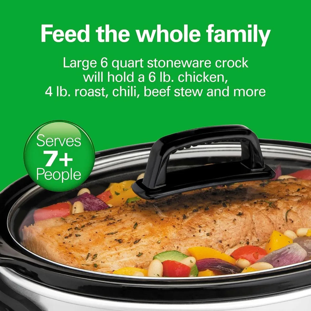 6-Quart Slow Cooker with 3 Cooking Settings, Dishwasher-Safe Stoneware Crock & Glass Lid, Silver, Multi-functional Pot