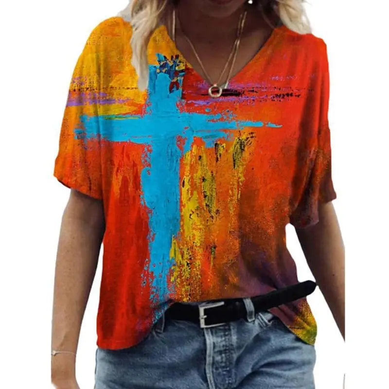 Women V Neck T Shirt Graffiti Jesus Graphics Short Sleeve Tops Summer Fashion Casual Harajuku Oversized Tshirts Female Clothing