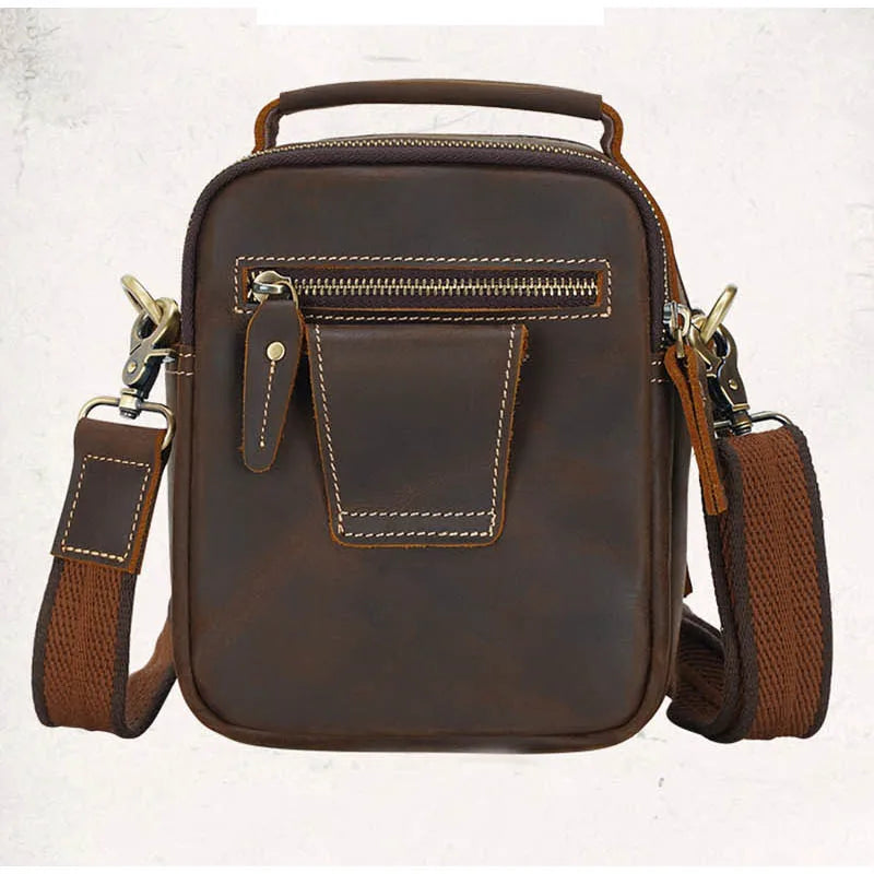 Men's Mini Shoulder Bag Crazy Horse Genuine Leather Crossbody Belt Bag Double Zipper Pocket Phone Pouch Vintage Handbag