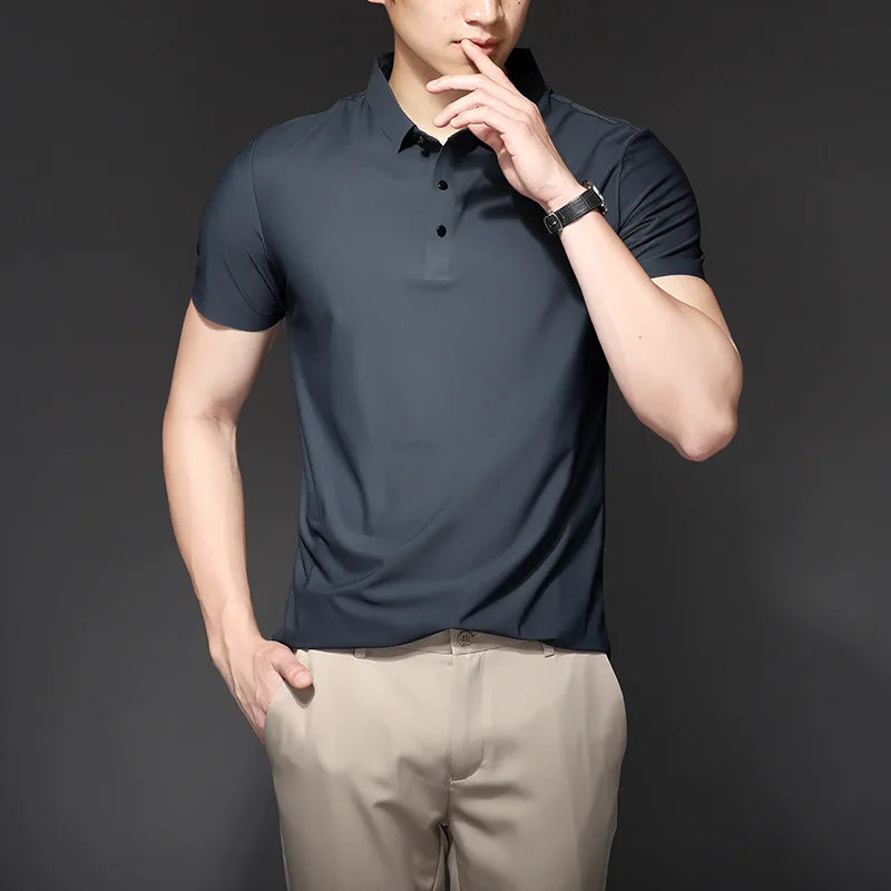 Minglu Summer Ice Silk Mens Polo Shirts Luxury Short Sleeve Solid Color Business Casual Male Tops Fashion Simple Slim Man Tees