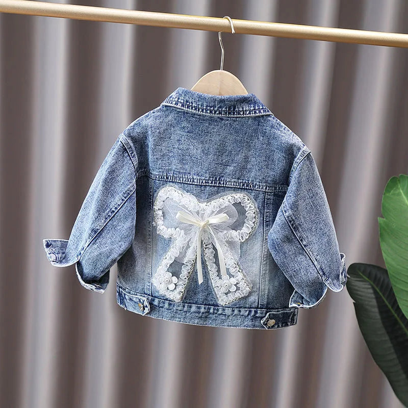 2-12 Years Girls Denim Jacket New Fashion Baby Kids Jean Coats For Girls Cute Rabbit Lace Bow Design Children Outerwear Clothing