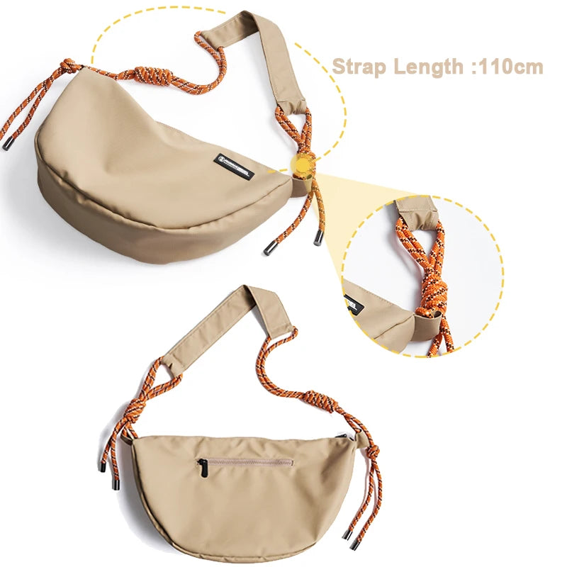 Premium Waterproof Men Cross Body Bag Tassels Taping Women Moon Bag 12.9 inch iPad Zipper Ultralight Hobo Sling Bag for Men