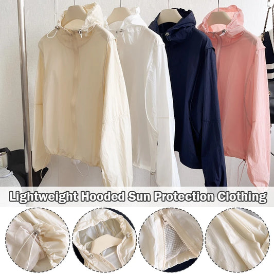 Women Summer Sun Protection Clothing Thin Jacket Casual Loose Hooded Drawstring Coat Sunscreen Windbreaker UV Proof Coats