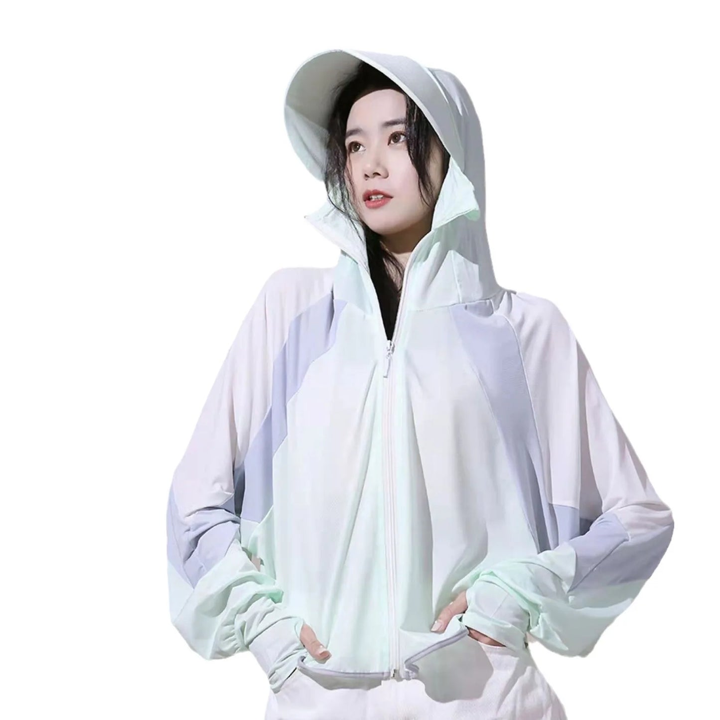 Sun-Protective Clothing Jacket Women Contrast Color Sun Hat Hooded Coat for Summer Lady Long Sleeve Clothing Breathable Veil