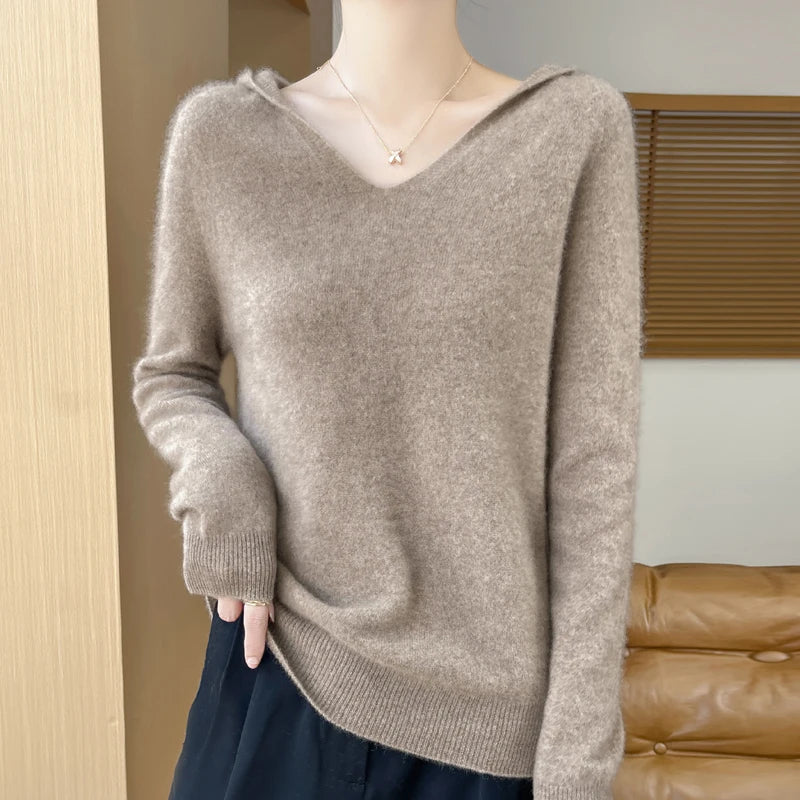 100% Wool Fashion Solid Hooded Sweater Women Clothing High Quality Autumn Winter Casual Knitted Long Sleeve Female Tops Pullover