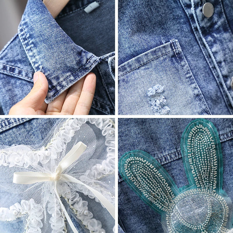 2-12 Years Girls Denim Jacket New Fashion Baby Kids Jean Coats For Girls Cute Rabbit Lace Bow Design Children Outerwear Clothing