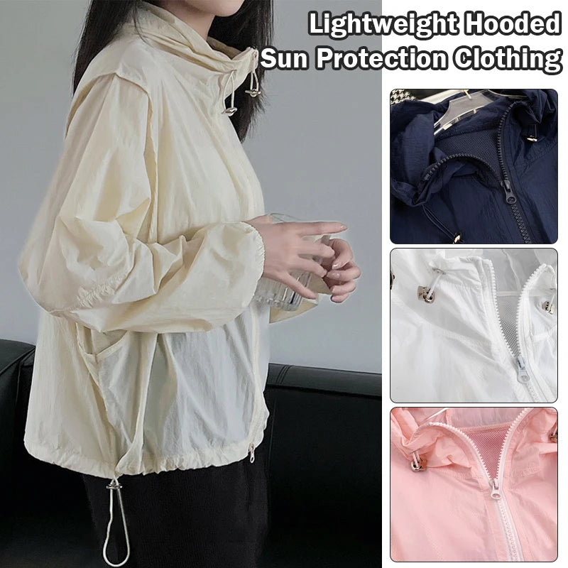 Women Summer Sun Protection Clothing Thin Jacket Casual Loose Hooded Drawstring Coat Sunscreen Windbreaker UV Proof Coats