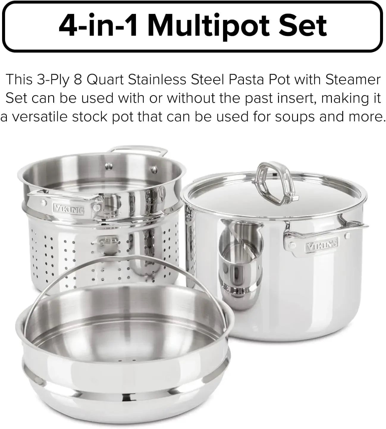 Culinary 3-Ply Stainless Steel Pasta Pot 8 Quart Includes Pasta & Steamer Insert Dishwasher Oven Safe Works on All Cooktops